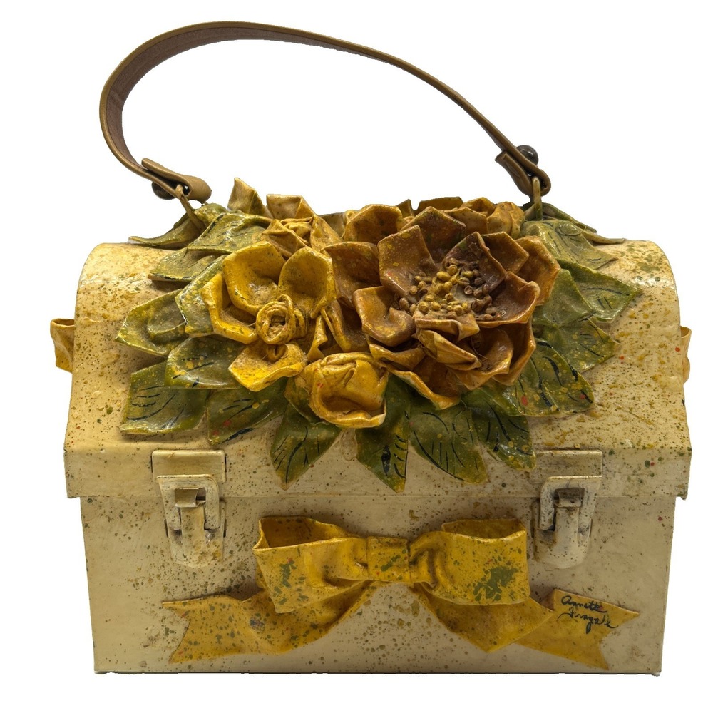 Vintage Signed Annette Floral Metal Box Purse Hand Painted 3D Flowers Handbag